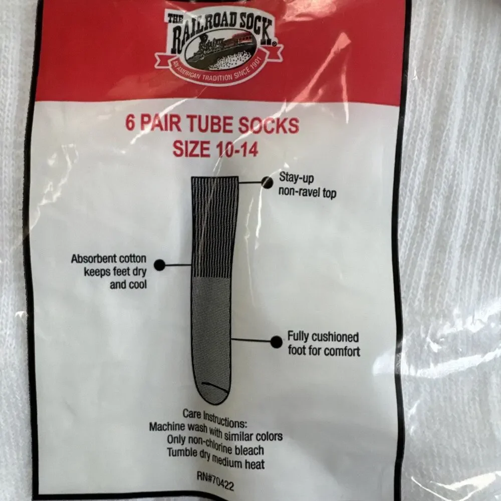 Railroad Sock‎ 6 Pair White Tube Socks USA Sock Size 10-13 Shoe Size 6-12 New